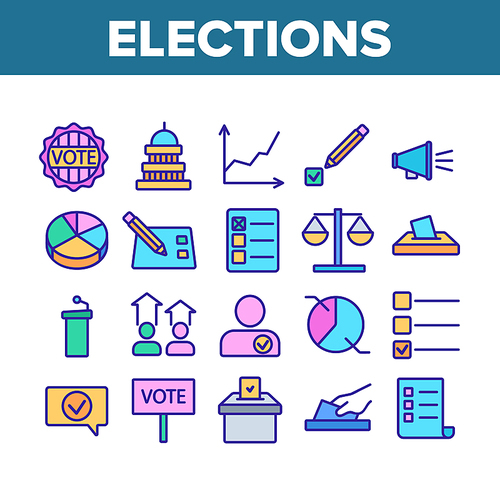 Voting And Elections Collection Icons Set Vector Thin Line. Including Ballot Voiting Box, Vote And Justice, Campaign And Congress Concept Linear Pictograms. Color Contour Illustrations