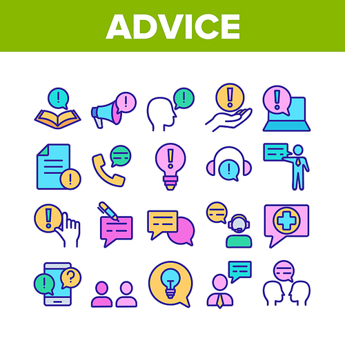 Advice Help Assistant Collection Icons Set Vector Thin Line. Human Silhouette And Call, Internet Online Advice Service Support And Idea Concept Linear Pictograms. Color Illustrations