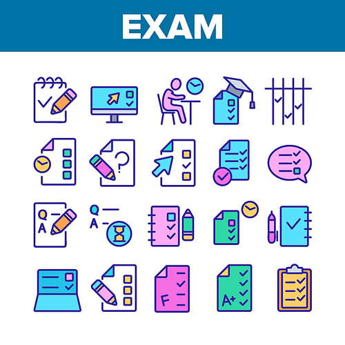 Exam Test Collection Elements Icons Set Vector Thin Line. Examination Test List And Notebook, Online Education, Question Mark And Pencil Concept Linear Pictograms. Color Illustrations