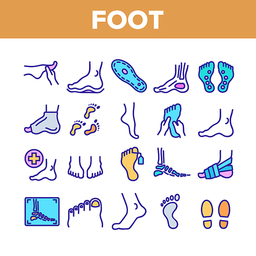 Foot Human Body Part Collection Icons Set Vector Thin Line. Skeletal Foot X-ray Photo And Bones, Footprint And Ankle, Gypsum And Heel Concept Linear Pictograms. Color Illustrations