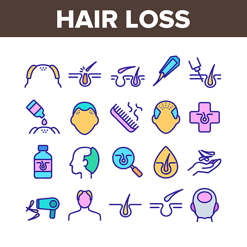 Hair Loss Collection Elements Icons Set Vector Thin Line. Hair Loss And Bald Human Silhouette, Comb And Fan, Healthy Shampoo Bottle And Drop Concept Linear Pictograms. Color Illustrations