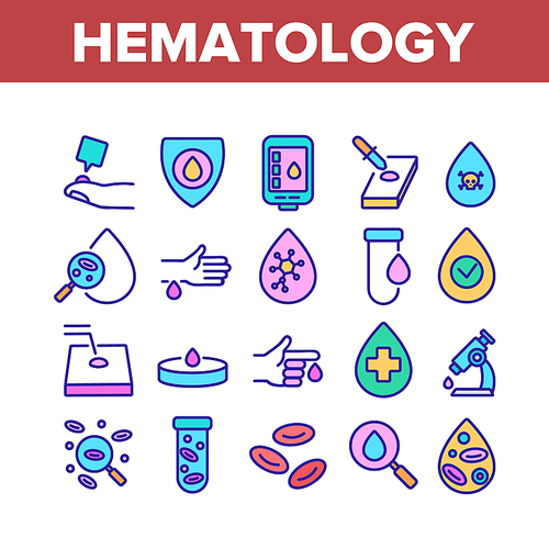 Hematology Collection Elements Icons Set Vector Thin Line. Blood Erythrocytes And Analysis, Diabetes And Infection Diagnostic Hematology Concept Linear Pictograms. Color Illustrations