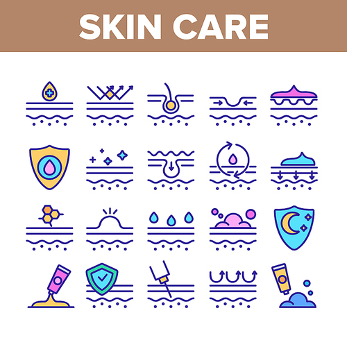 Skin Care Collection Elements Icons Set Vector Thin Line. Collagen And Medical Cosmetic, Sunscreen And Cream, Healthy Skin And Wrinkle Concept Linear Pictograms. Color Illustrations