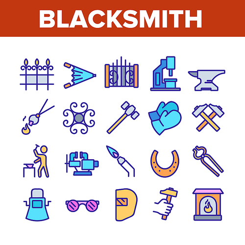 Blacksmith Collection Elements Icons Set Vector Thin Line. Wrought Fence And Gate, Railing And Signboard, Glasses And Gloves, Blacksmith Concept Linear Pictograms. Color Illustrations