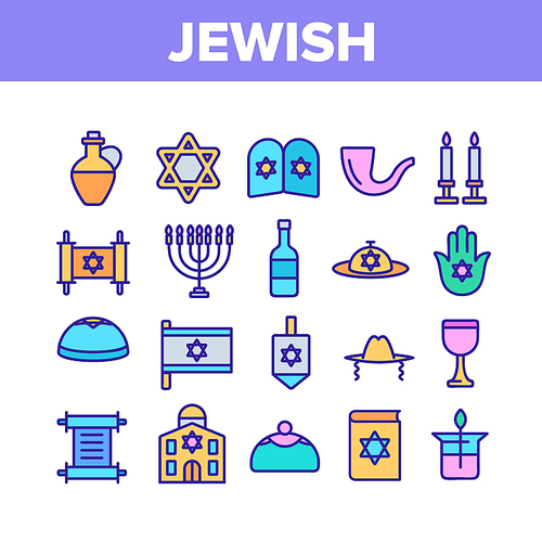 Jewish Israel Religion Collection Icons Set Vector Thin Line. Synagogue And Torah, Candle And Flag, Book And Dreidel, Jewish Religious Concept Linear Pictograms. Color Illustrations