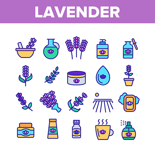 Lavender Collection Elements Icons Set Vector Thin Line. Lavender Flower And Drop, Container With Cosmetic Creme And Bottle With Perfume. Concept Linear Pictograms. Color Illustrations