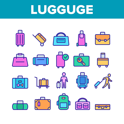 Luggage And Baggage Collection Icons Set Vector. Backpack And Handbag, Suitcase, And Briefcase, Messenger Bag, Trolley And Travel Luggage. Concept Linear Pictograms. Color Illustrations