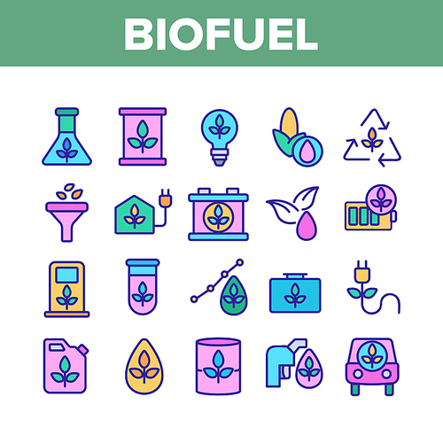Biofuel Eco Energy Collection Icons Set Vector Thin Line. Rechargeable Battery Power, Electric Biofuel Car And Recycling Light Bulb Concept Linear Pictograms. Color Contour Illustrations