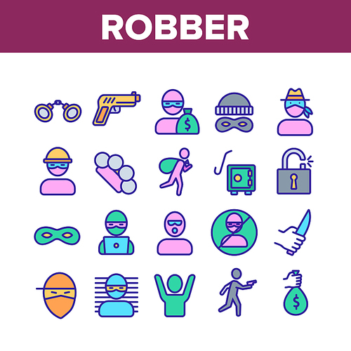 Robber Crime Collection Elements Icons Set Vector Thin Line. Bag Of Money And Mask, Knife And Gun, Brass Knuckles And Scrap Robber Equipment Concept Linear Pictograms. Color Contour Illustrations