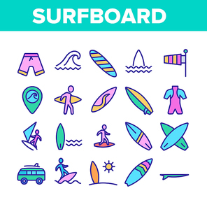 Surfboard Collection Elements Icons Set Vector Thin Line. Human Silhouette On Surfboard And Wave, Swimming Suit And Van, Gps Mark And Shorts Concept Linear Pictograms. Color Contour Illustrations