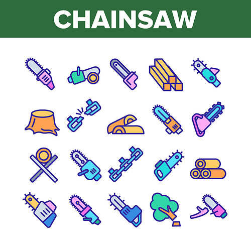Chainsaw Collection Elements Icons Set Vector Thin Line. Gasoline Chainsaw Woodworking Industry Equipment, Broken Chain And Firewood Concept Linear Pictograms. Color Illustrations