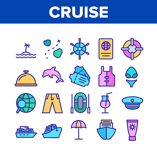 Cruise Travel Collection Elements Icons Set Vector Thin Line. Cruise Ship And Steering Wheel, Island And Map, Tickets And Cocktail Glass Concept Linear Pictograms. Color Illustrations