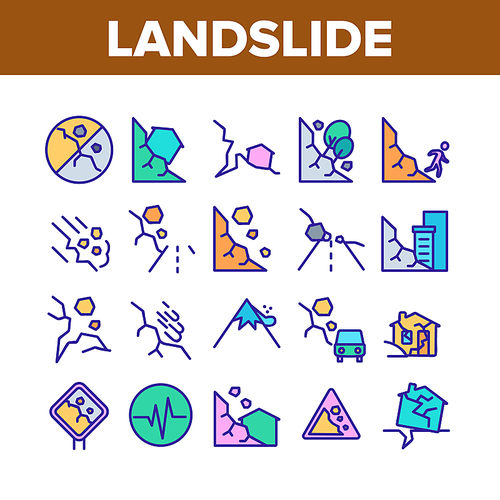 Landslide Collection Elements Icons Set Vector Thin Line. Snowy And Stone Landslide From Mountain, Road Mark And Ruined House Concept Linear Pictograms. Color Illustrations