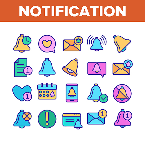 Notification Collection Elements Icons Set Vector Thin Line. Ring Bell And Mail Message, Document File And Calendar Notification Concept Linear Pictograms. Color Illustrations