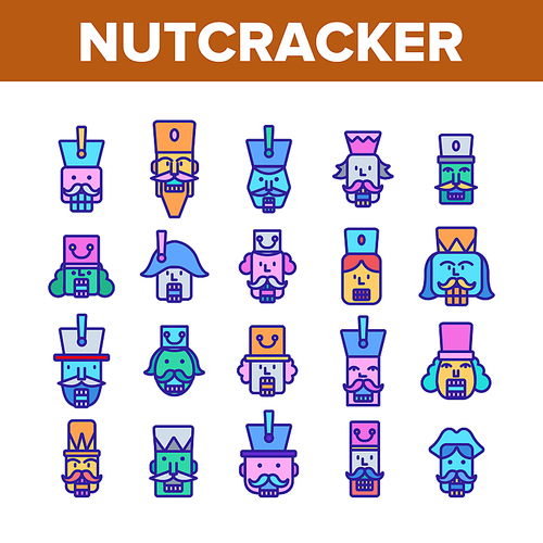 Nutcracker Collection Elements Icons Set Vector Thin Line. Moustaches And Ancient Hat On Soldier Head, Teeth For Cracking Nuts, Nutcracker Concept Linear Pictograms. Color Illustrations