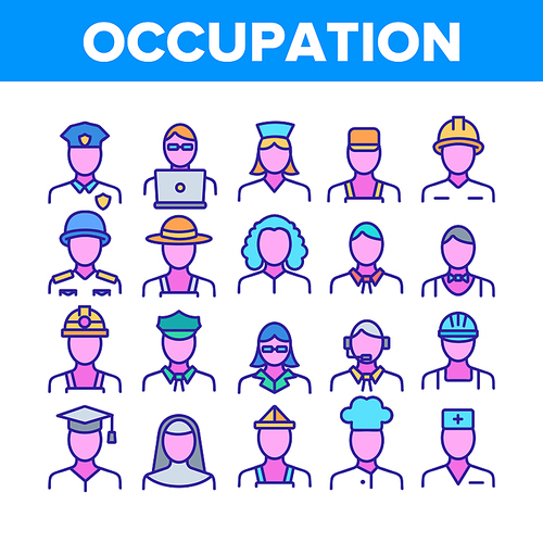 Occupation Collection Elements Icons Set Vector Thin Line. Policeman And Doctor, Teacher And Nurse, Builder And Military, Occupation Concept Linear Pictograms. Color Illustrations