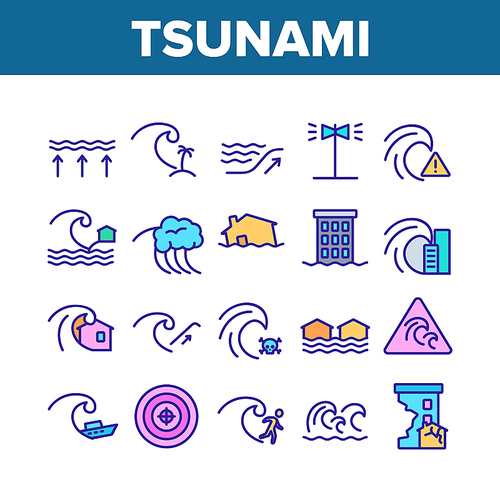 Tsunami Wave Collection Elements Icons Set Vector Thin Line. Broken House And Flooded Building, Boat And Human Silhouette Near Tsunami Concept Linear Pictograms. Color Illustrations