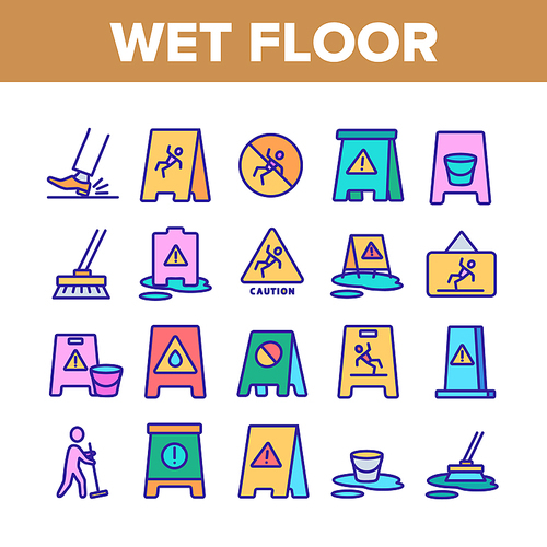 Wet Floor Collection Elements Icons Set Vector Thin Line. Leg Slips On Wet Floor, Human Silhouette Janitor Cleaning And Caution Mark Concept Linear Pictograms. Color Illustrations