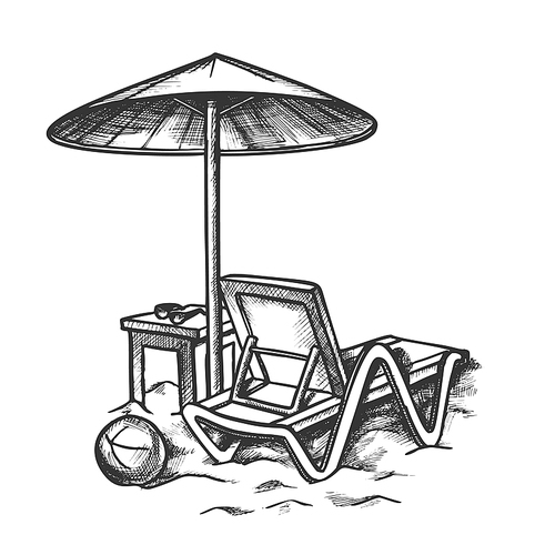 Beach Chair With Umbrella And Stool Retro Vector. Sun Glasses On Wooden Chair And Ball On Sand. Summer Vacation Engraving Concept Template Hand Drawn In Vintage Style Black And White Illustration