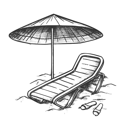 Beach Chair With Umbrella And Slippers Ink Vector. Relaxation Plastic Chair And Parasol. Summer Vacation Elements Engraving Concept Template Hand Drawn In Vintage Style Black And White Illustration