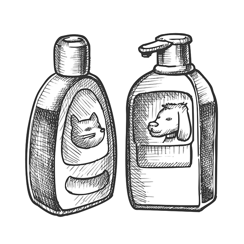 Shampoo Bottles For Cat And Dog Monochrome Vector. Animal Bottles With Cream For Bath. Vet Pet Care Accessory Engraving Template Hand Drawn In Vintage Style Black And White Illustration