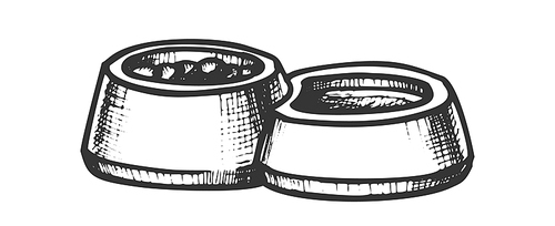 Pet Bowl With Food And Water Monochrome Vector. Metallic Or Plastic Bowl. Pet Accessory Container For Eating Engraving Template Hand Drawn In Vintage Style Black And White Illustration