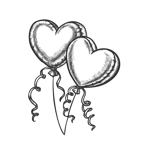 Balloons In Heart Form With Ribbon Retro Vector. Inflatable Air Flying Balloons. Christmas Celebration Party Decoration Engraving Concept Template Designed In Vintage Style Monochrome Illustration