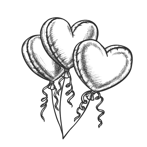 Balloons In Heart Shape With Ribbon Retro Vector. Air Flying Balloons Present On Valentine Day. Romantic Gift Engraving Concept Template Designed In Vintage Style Black And White Illustration