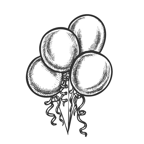 Balloons Bunch With Curled Ribbon Retro Vector. Helium Flying Balloons Birthday Party Decoration Room Or Gift. Engraving Concept Template Hand Drawn In Vintage Style Monochrome Illustration