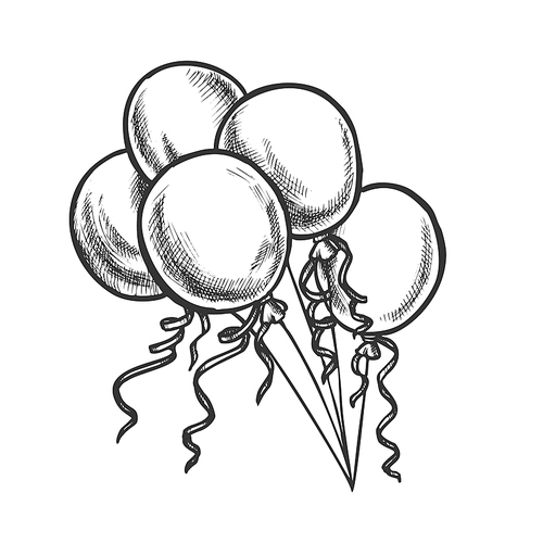 Balloons With Curled Ribbon Monochrome Vector. Helium Festive Balloons Celebrating New Year Party Decorative Room Detail. Engraving Concept Template Hand Drawn In Vintage Style Monochrome Illustration