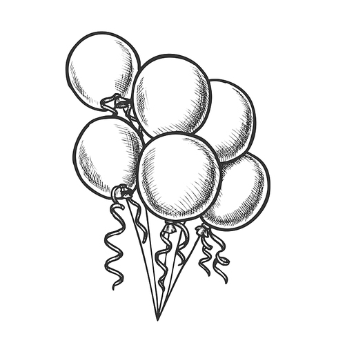 Balloons Bunch With Curly Ribbon Monochrome Vector. Beautiful Air Balloons Celebrating Birth Anniversary Party Decoration. Engraving Concept Mockup Designed In Vintage Style Monochrome Illustration