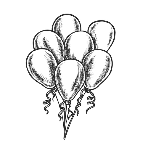 Balloons Bunch With Curly Ribbon Retro Vector. Air Balloons Bright Joyful Present Or Decoration For Romance. Entertainment Engraving Concept Layout Designed In Vintage Style Monochrome Illustration