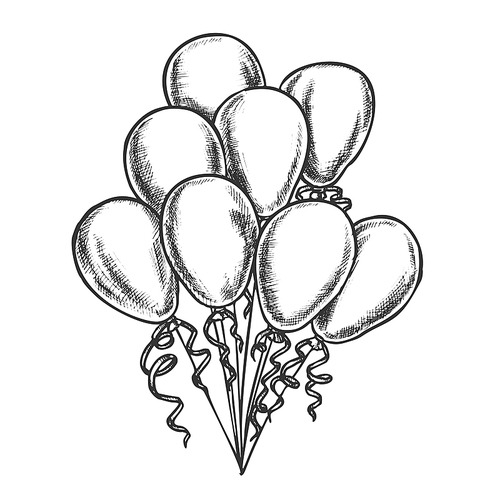 Balloons Bunch Decorated Curly Ribbon Retro Vector. Heap Of Helium Balloons Bright Decoration For Postcard On Mother Day. Engraving Concept Layout Designed In Vintage Style Monochrome Illustration