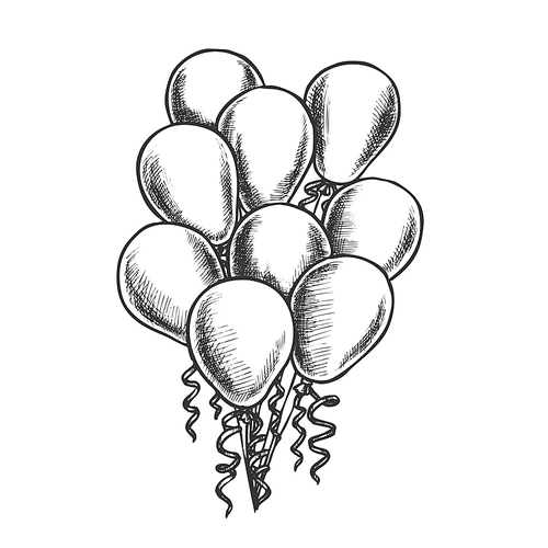 Balloons Heap Decorated Curly Ribbon Retro Vector. Helium Balloons Beautiful Decorative Detail For Card On Woman Day. Engraving Concept Layout Designed In Vintage Style Monochrome Illustration