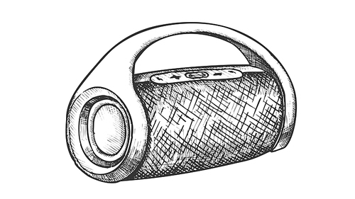 Wireless Speaker Digital Gadget Monochrome Vector. Modern Wireless Audio Dynamic. Portable Music Accessory Loudspeaker Engraving Concept Mockup Designed In Vintage Style Black And White Illustration