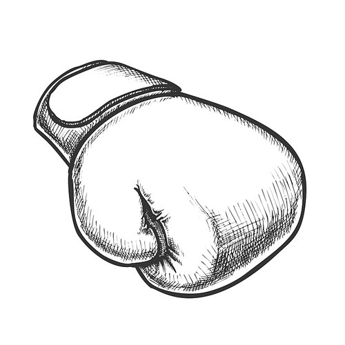 Boxing Glove Protect Sportwear Monochrome Vector. Single Junior Box Glove For Knock Down Competition On Ring. Engraving Layout Designed In Vintage Style Black And White Illustration