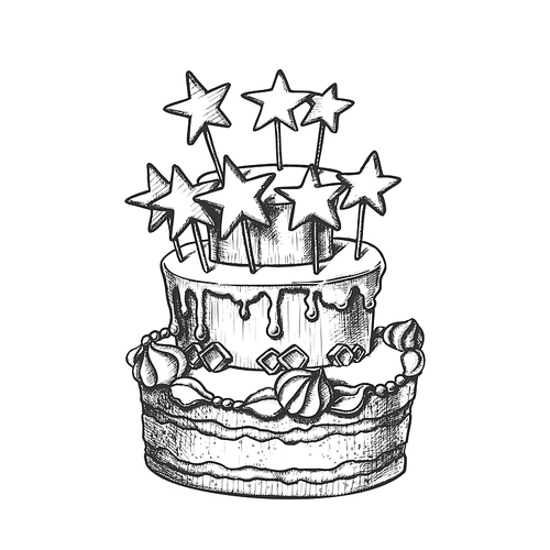 Birthday Cake Decorated With Stars Retro Vector. Birthday Celebration Pie With Ornamental Buttercream Engraving Concept Template Hand Drawn In Vintage Style Black And White Illustration