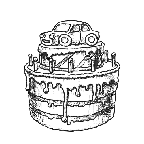 Birthday Cake Decorated With Car Retro Vector. Boy Birthday Celebrate Creamy Pie With Candles And Auto Toy Engraving Template Hand Drawn In Vintage Style Black And White Illustration