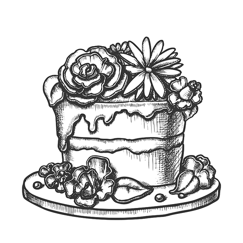 Birthday Cake Decorated With Flowers Ink Vector. Birthday Festive Pie Decorate Cream Bouquet For Woman Anniversary Engraving Template Hand Drawn In Vintage Style Black And White Illustration