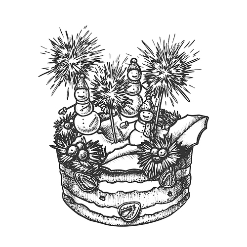 Christmas Cake Decorated With Snowmen Ink Vector. Christmas Pie Decorate Sparklers, Slice Strawberry And Berries Engraving Template Hand Drawn In Vintage Style Black And White Illustration