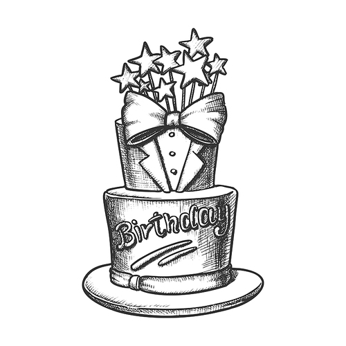 Birthday Cake Decorated In Suit Form Ink Vector. Birthday Festive Pie For Men Decorate With Bow Tie And Stars Engraving Template Hand Drawn In Vintage Style Black And White Illustration