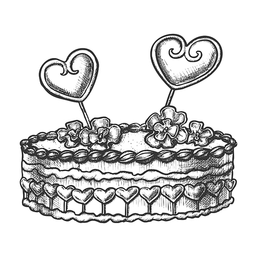 Cake Decorated Hearts And Creamy Flower Ink Vector. Festive Valentine Day Delicious Sweet Cake For Loving Couple Engraving Template Hand Drawn In Vintage Style Black And White Illustration