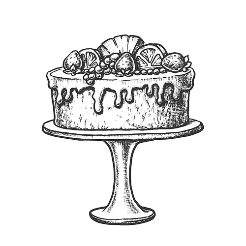 Delicious Cake Decorated With Fruits Ink Vector. Cake Pie With Orange, Strawberry And Pineapple On Pedestal Plate Engraving Template Hand Drawn In Vintage Style Black And White Illustration