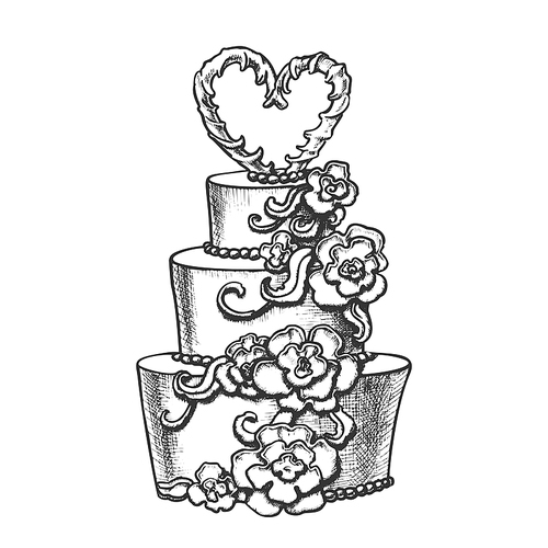 Cake Decorated Flowers And Heart On Top Ink Vector. Festive Wedding And Married Day Delicious Cake For Bride And Groom Engraving Template Hand Drawn In Vintage Style Black And White Illustration