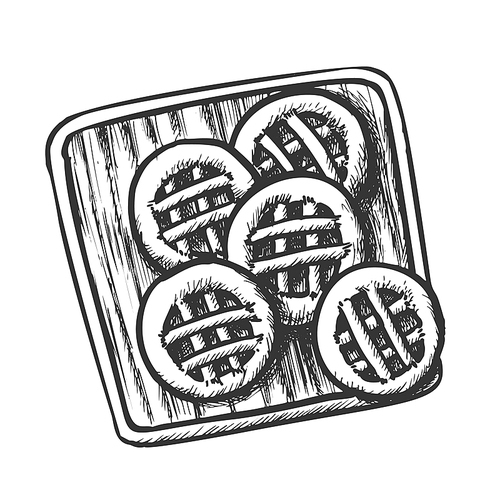 Cookies On Wooden Cutting Board Monochrome Vector. Sweet Cookies. Baking Healthy Morning Breakfast Engraving Concept Template Hand Drawn In Vintage Style Black And White Illustration