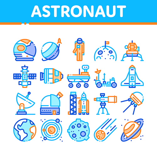 Astronaut Equipment Collection Icons Set Vector Thin Line. Astronaut Spacesuit And Helmet, Shuttle And Satellite, Rocket And Asteroid Concept Linear Pictograms. Color Contour Illustrations