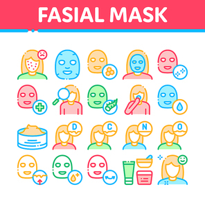 Facial Mask Healthcare Collection Icons Set Vector Thin Line. Container Of Vitamin Facial Cream, Cosmetic Skin Care Gel, Woman Silhouette Concept Linear Pictograms. Color Contour Illustrations