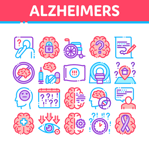 Alzheimers Disease Collection Icons Set Vector Thin Line. Brain And Drugs, Wheelchair And Man Silhouette With Alzheimers Illness Concept Linear Pictograms. Color Contour Illustrations