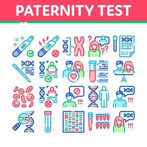 Paternity Test Dna Collection Icons Set Vector Thin Line. Man And Woman Silhouette, Chemistry Laboratory Test And Chromosome Concept Linear Pictograms. Color Contour Illustrations