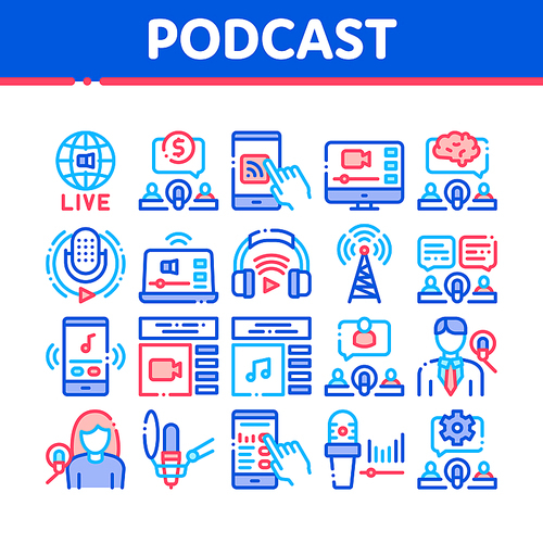 Podcast And Radio Collection Icons Set Vector Thin Line. Internet Global Live Broadcasting Podcast, Headphones, Microphone And Antenna Concept Linear Pictograms. Color Contour Illustrations